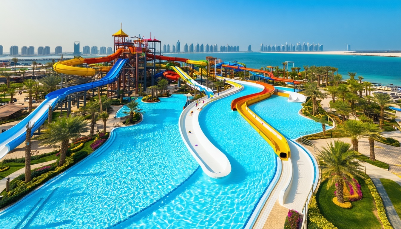 Aerial view of AquaQuest Adventure Park Dubai with pools and attractions