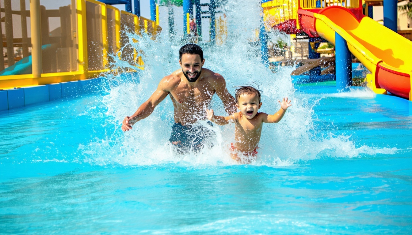 Family enjoying a splash zone at AquaQuest Adventure Park Dubai